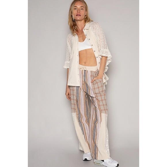 POL Natural Tan Washed Cotton Plaid with Stripes Lace Leg Pants - Picture 10 of 12